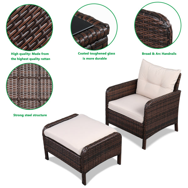 5 Piece Wicker Conversation set - Five-Piece Rattan Set  - 2 Single Sofa - 2 Footstool - 1 Coffee Table Round Corner