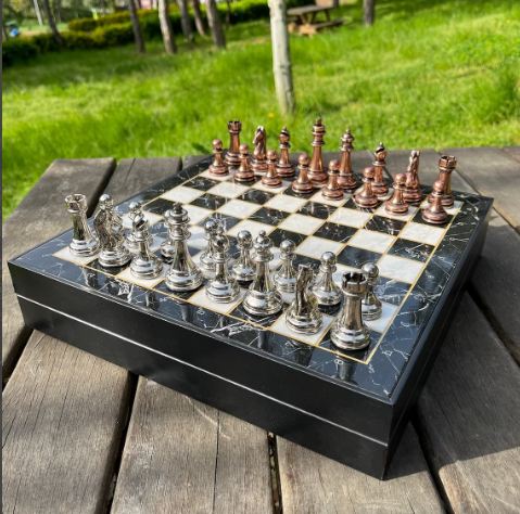 Personalized Chess Set with Marble Patterned Wooden Box, Metal Chess Set for Birthday Gift, Special Chess Gift Set, Luxury Chess Set