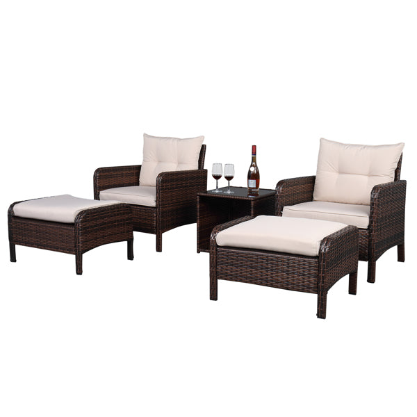 5 Piece Wicker Conversation set - Five-Piece Rattan Set  - 2 Single Sofa - 2 Footstool - 1 Coffee Table Round Corner