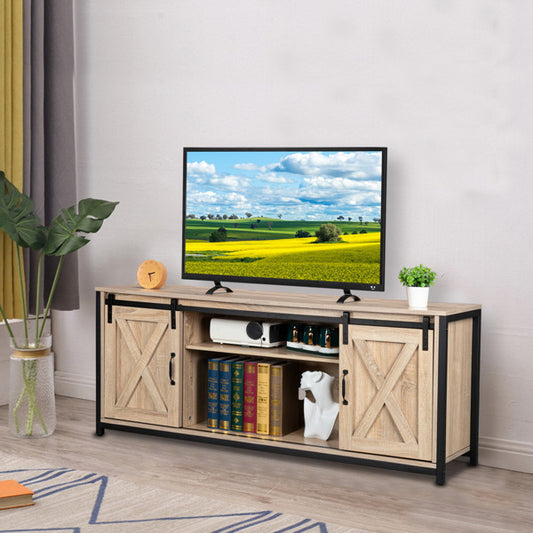 FCH 3-layer Double Barn Door with Sliding Rail X-shaped Panel TV Cabinet MDF