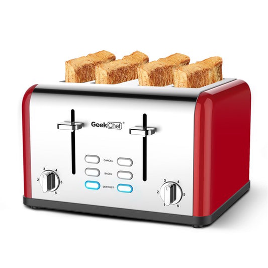 Stainless Steel Extra-Wide Slot Toaster with Dual Control Panels of Bagel/Defrost/Cancel Function, Silver-red