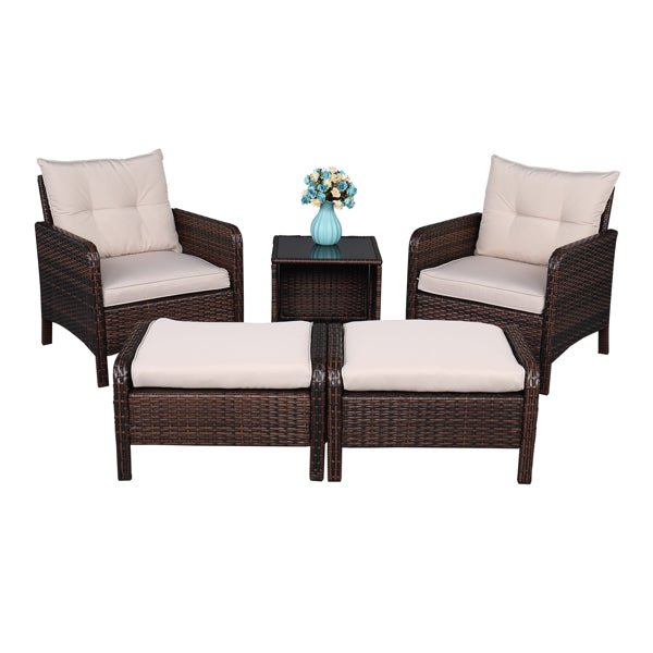 5 Piece Wicker Conversation set - Five-Piece Rattan Set  - 2 Single Sofa - 2 Footstool - 1 Coffee Table Round Corner