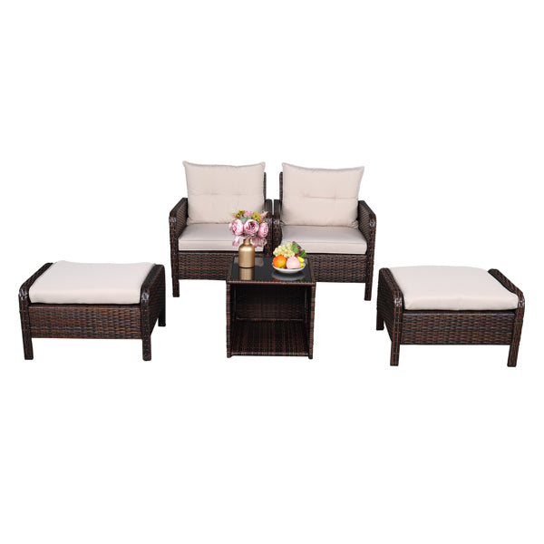 5 Piece Wicker Conversation set - Five-Piece Rattan Set  - 2 Single Sofa - 2 Footstool - 1 Coffee Table Round Corner