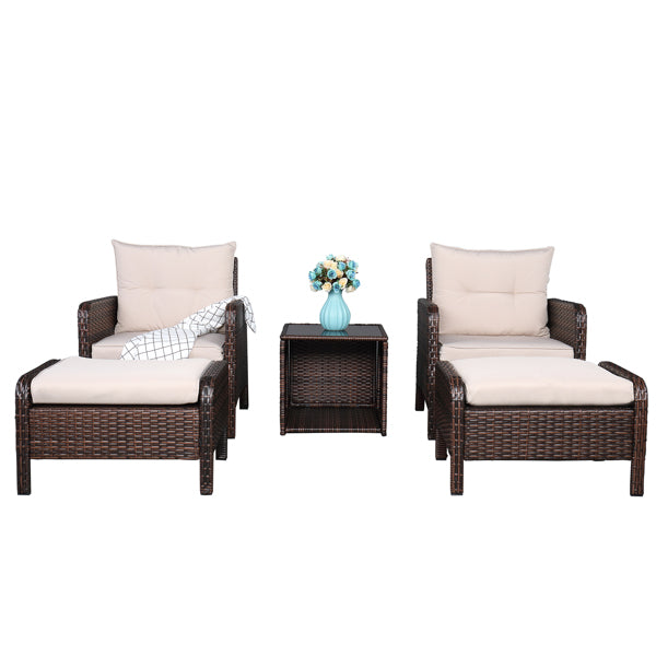 5 Piece Wicker Conversation set - Five-Piece Rattan Set  - 2 Single Sofa - 2 Footstool - 1 Coffee Table Round Corner