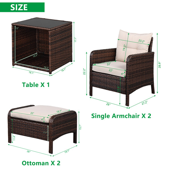 5 Piece Wicker Conversation set - Five-Piece Rattan Set  - 2 Single Sofa - 2 Footstool - 1 Coffee Table Round Corner